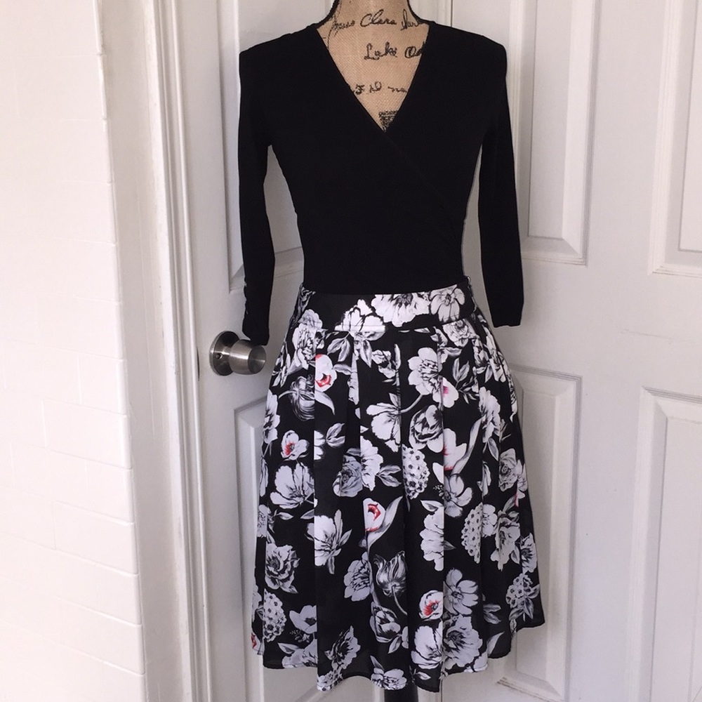 WHBM Floral Black and White Skirt with Red Accents